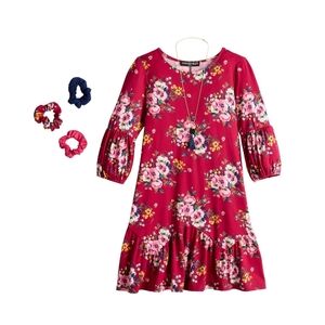 NWT Three Pink Hearts Long Sleeve Floral Boho Dress w/ Necklace & Scrunchies, L